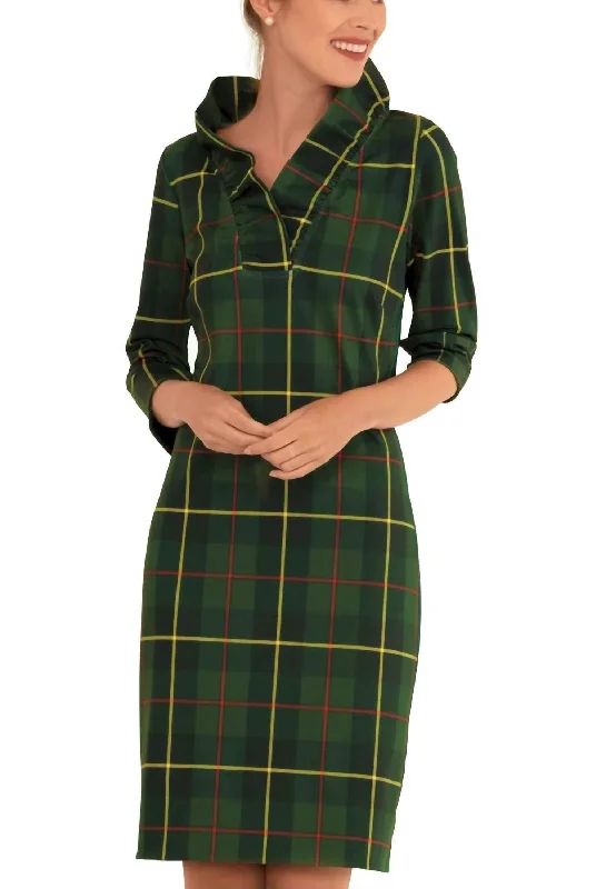 Plaidly Cooper Ruff Neck Dress In Green Multi Trendy Attire For Her