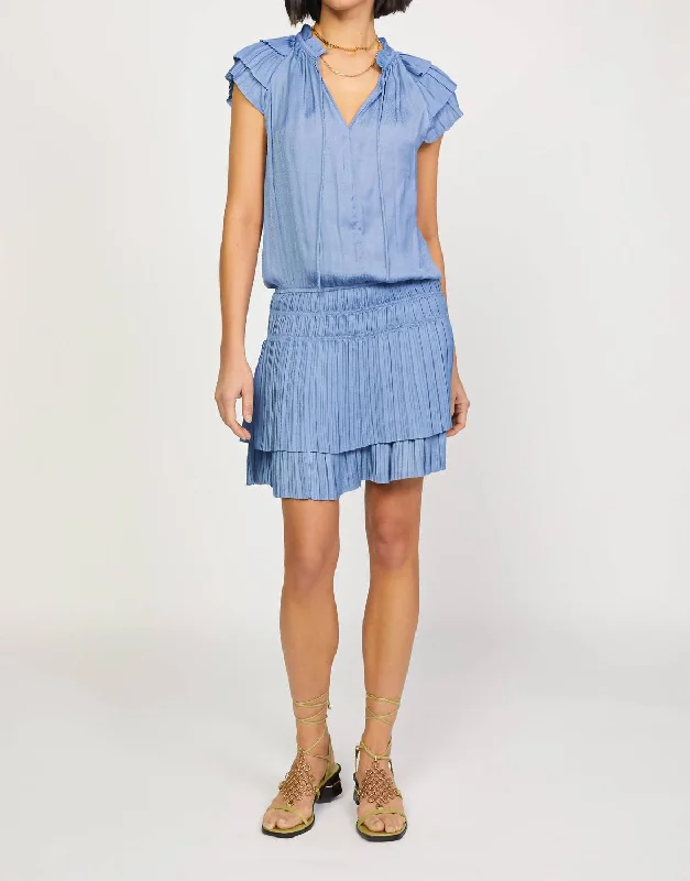 Pleated Patterned Short Sleeve Dress in Dusty Blue Dot Fashion Forward Femme