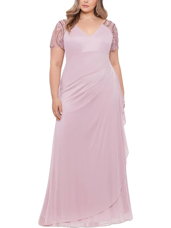 Plus Womens Chiffon Embellished Evening Dress Everyday Wear