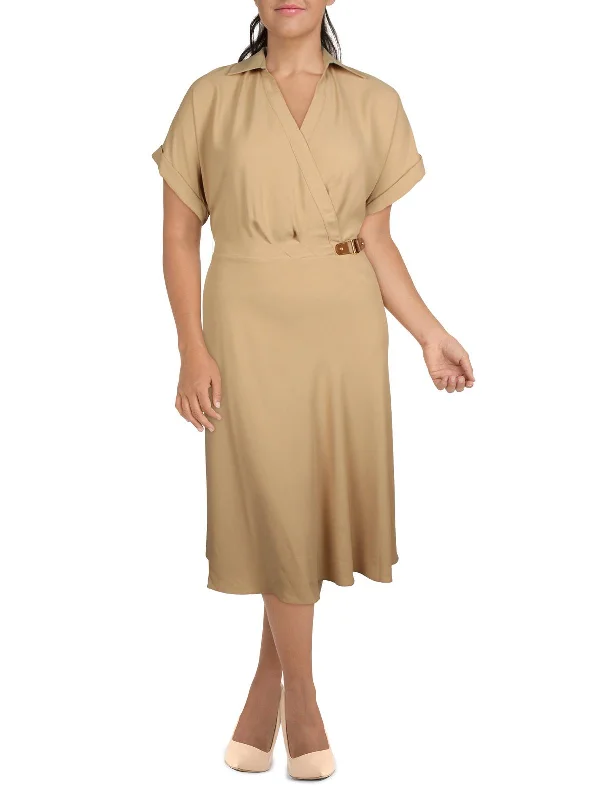 Plus Womens Surplice Tea Midi Dress Vintage Look