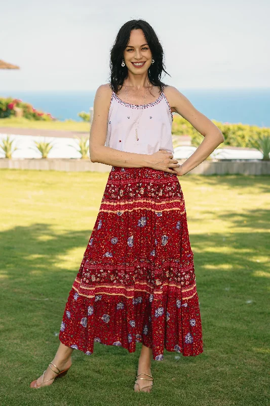 Poppy Garden Floral Rayon Skirt in Poppy Crafted in Thailand Feminine Elegant