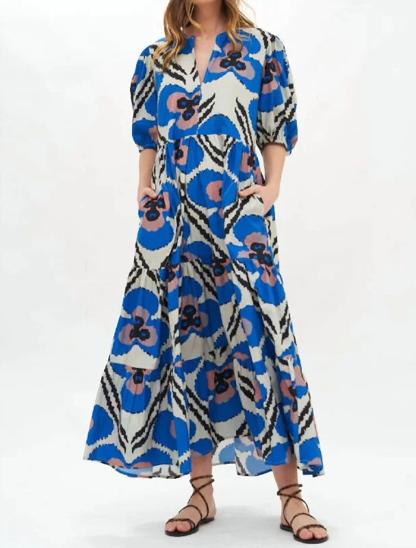 Puff Sleeve Maxi Dress In Patola/cobalt Graceful Cut