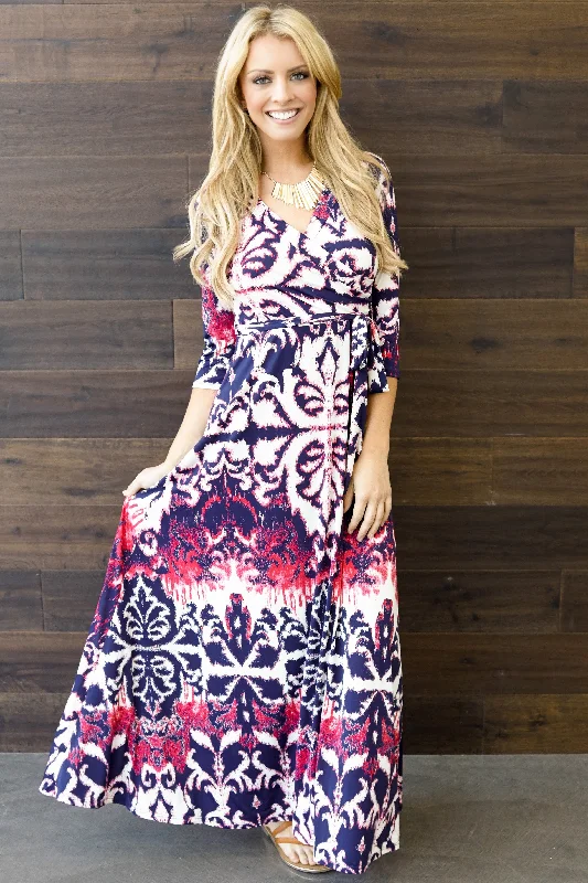 Red Navy Abstract Damask Draped Maxi Dress Feminine Allure