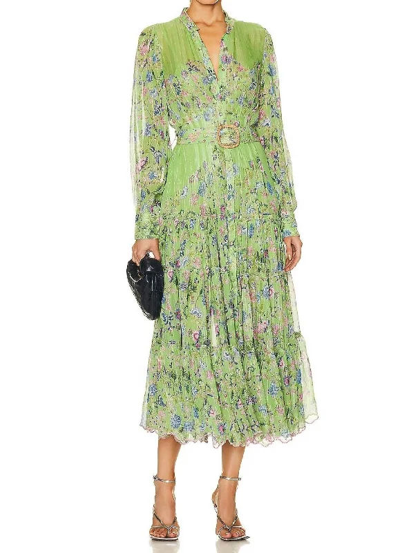 Rhea Midi Dress With Buckle Belt in Pear Green Floral Vintage Retro Party Wear