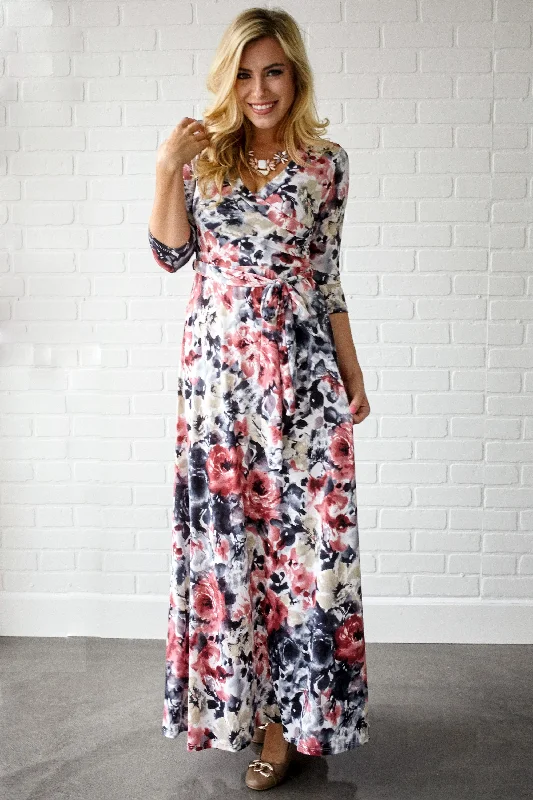 Rose Watercolor Floral Draped Maxi Dress Big Discounts