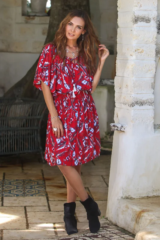 Strawberry Bouquet Floral Rayon Tunic-Style Dress in Strawberry from Bali Mid - Week Surprise