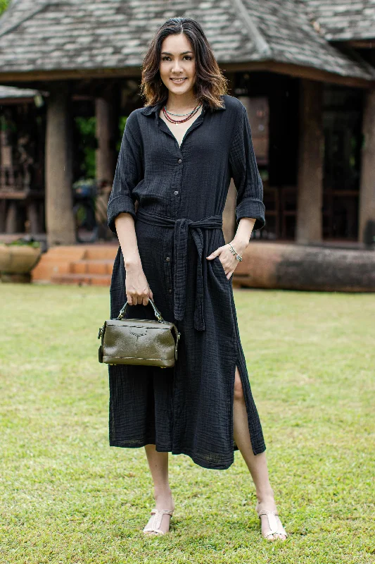 Street Smarts in Black Black Belted Cotton Shirtwaist Dress from Thailand Father's Day Deals