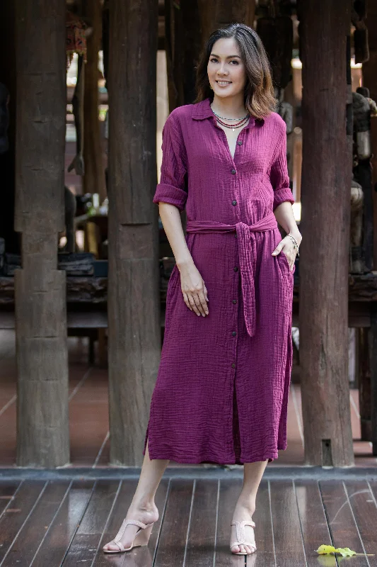 Street Smarts in Maroon Handmade Belted Cotton Shirtwaist Dress from Thailand Limited Styles