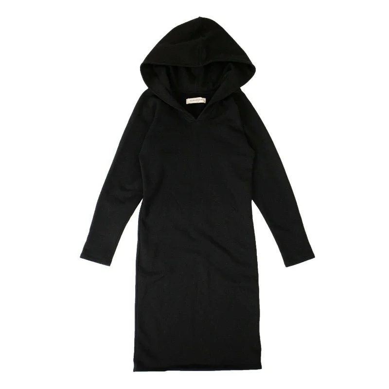 Women's Black Cotton Long Sleeve Hooded Midi Dress Chic Wardrobe Essentials