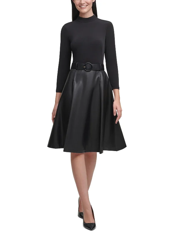 Womens Faux Leather Mock-Neck Fit & Flare Dress Clearance Event