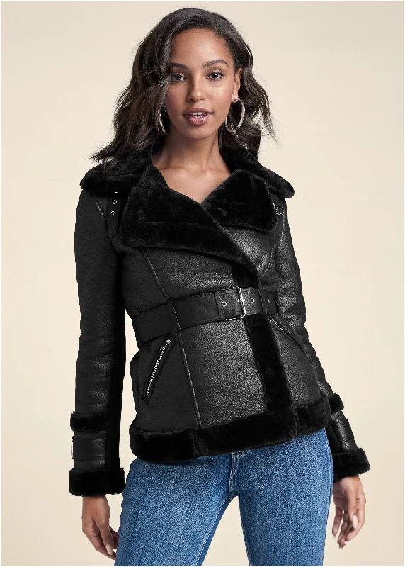 Faux-Leather & Fur Coat - Black Spring Fling Sale