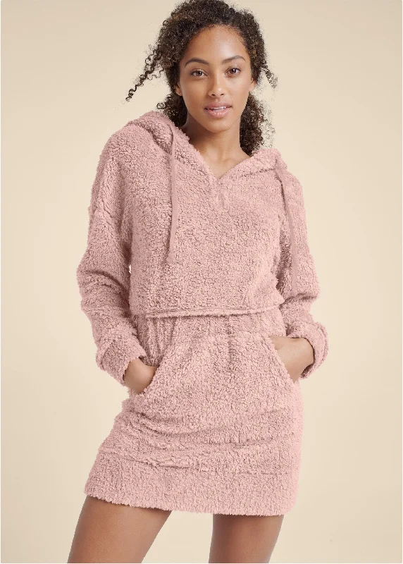 Cozy Sherpa Neck-Zip Dress - Peach Blush Current Trends