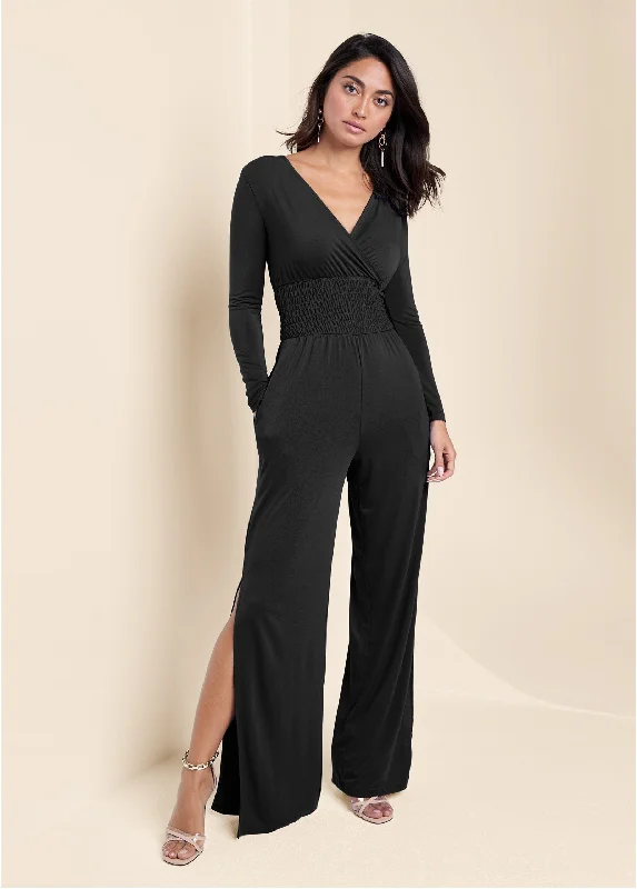 Smocked Waist Jumpsuit - Black Rustic Countryside Charm Look