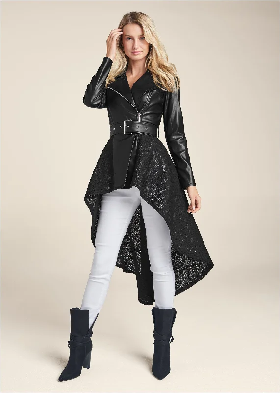 Faux Leather And Lace Detail Trench Coat - Black Trending Items