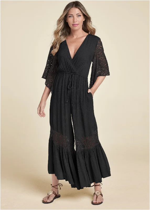 Wide Leg Lace Trim Jumpsuit - Black Wardrobe Upgrade