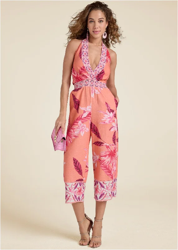 Strawberry Floral Jumpsuit - Pink Multi Trendy Street Style