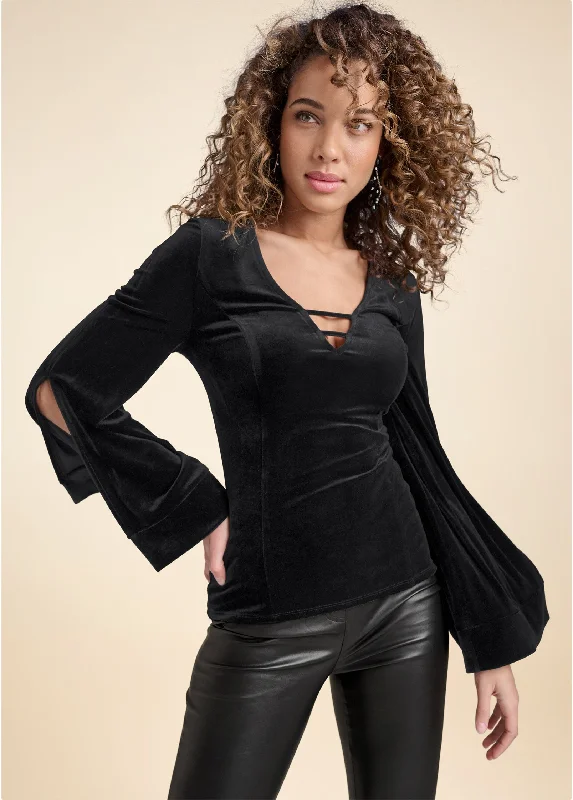 Strappy V-Neck Velvet Top - Black Redefining Women's Fashion