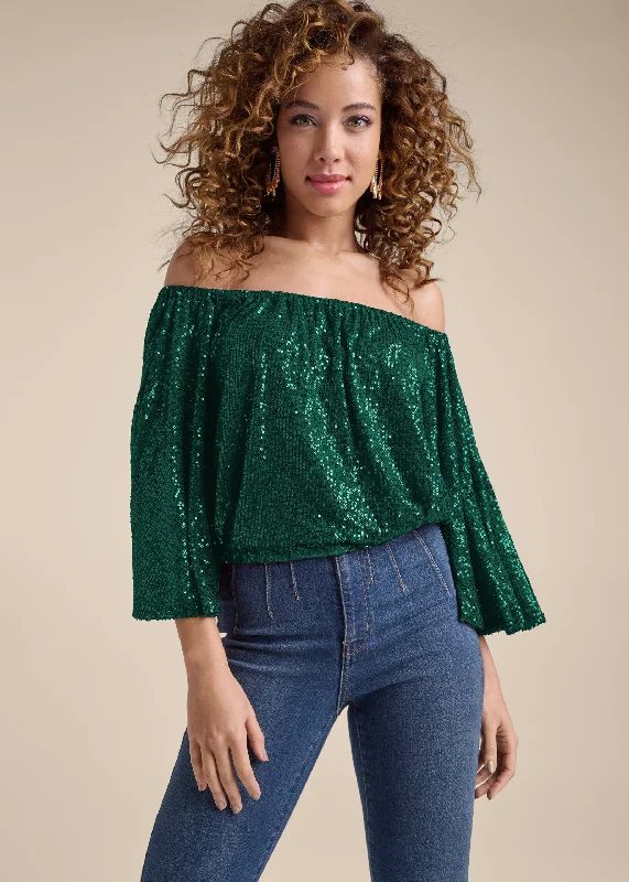 Off-The-Shoulder Sequin Top - Dark Green Limited Time