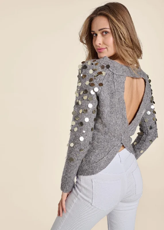 Open Back Sequin Sleeve Sweater - Grey Season Offer