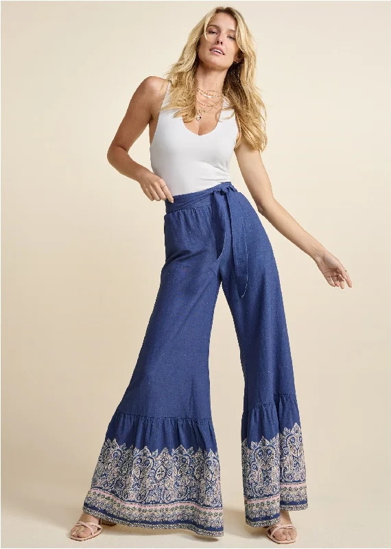 Linen Border Print Pants - Navy Multi Versatile Style Wardrobe