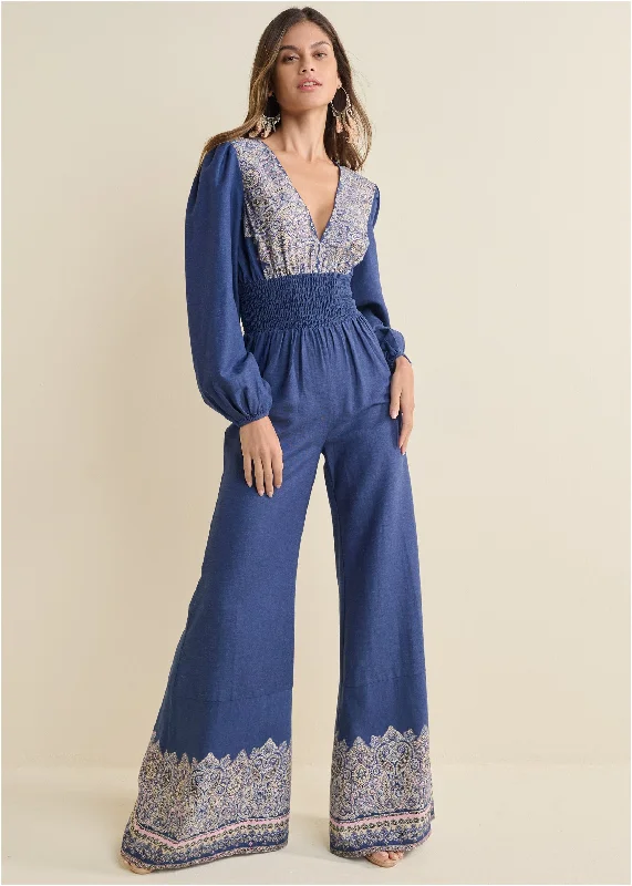 Printed Wide Leg Jumpsuit - Blue Multi Style Revolution