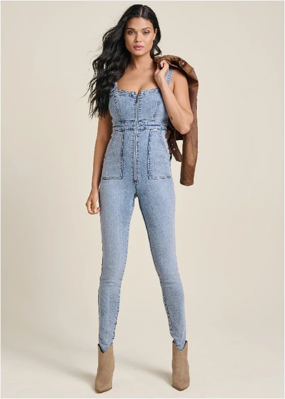 Zip-Front Denim Jumpsuit - Acid Wash Unleash Your Trend Driven Style