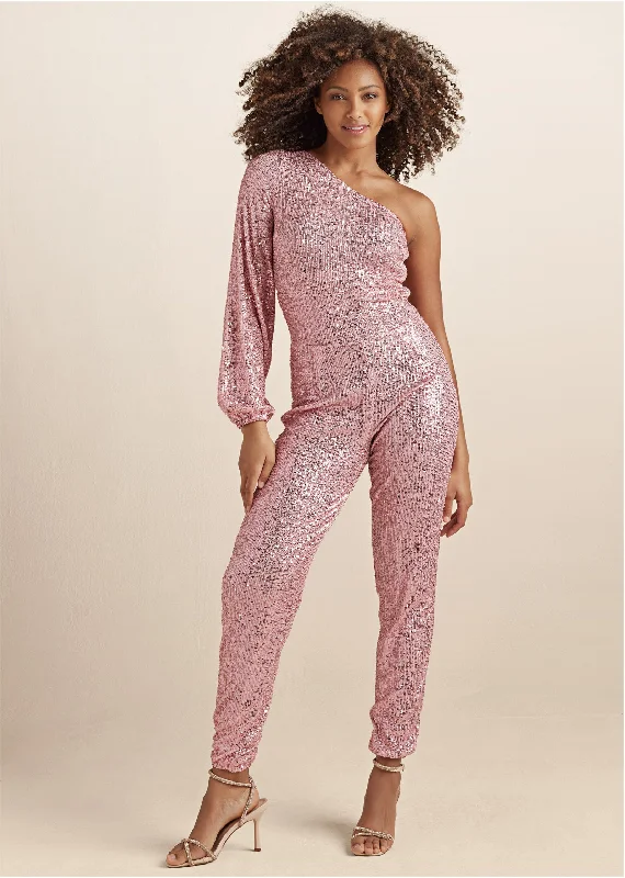 Sequin One-Shoulder Jumpsuit - Peach High End Women's Wear