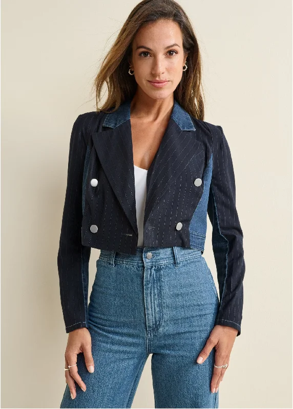 Tweed Denim Mixed Blazer - Medium Wash Y2K Nostalgic Fashion Look